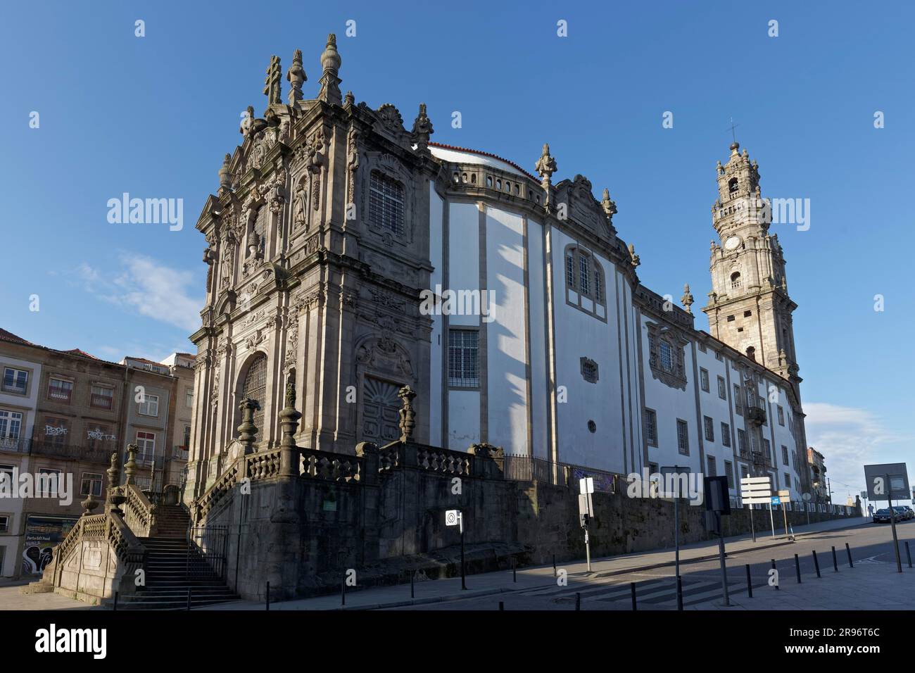 Baroque church Igreja dos Clerigos and church tower Torre dos Clerigos, architect Nicolau Nasoni, Porto, Portugal Stock Photo