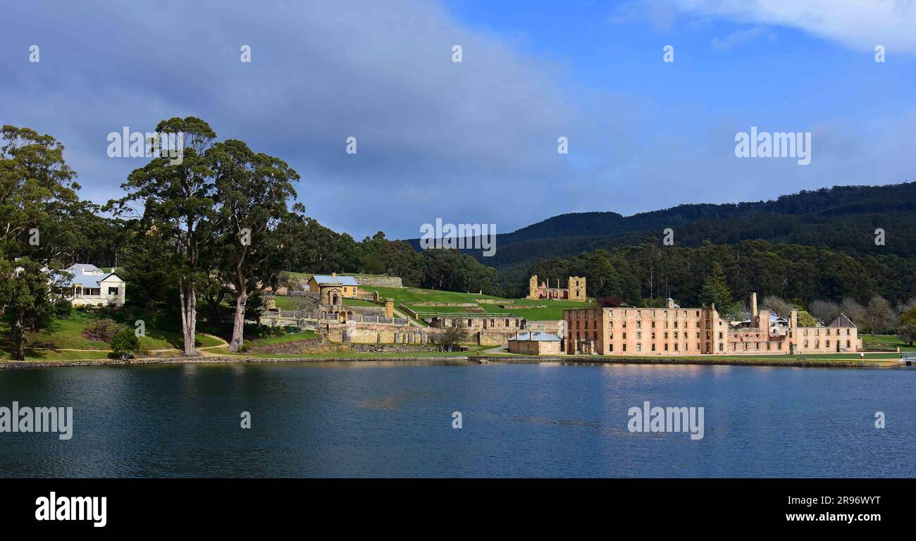 military district and ruins of penitentiary,  from the ferry out to isle of the dead and point puer,  port arthur historic site, tasmania, australia Stock Photo