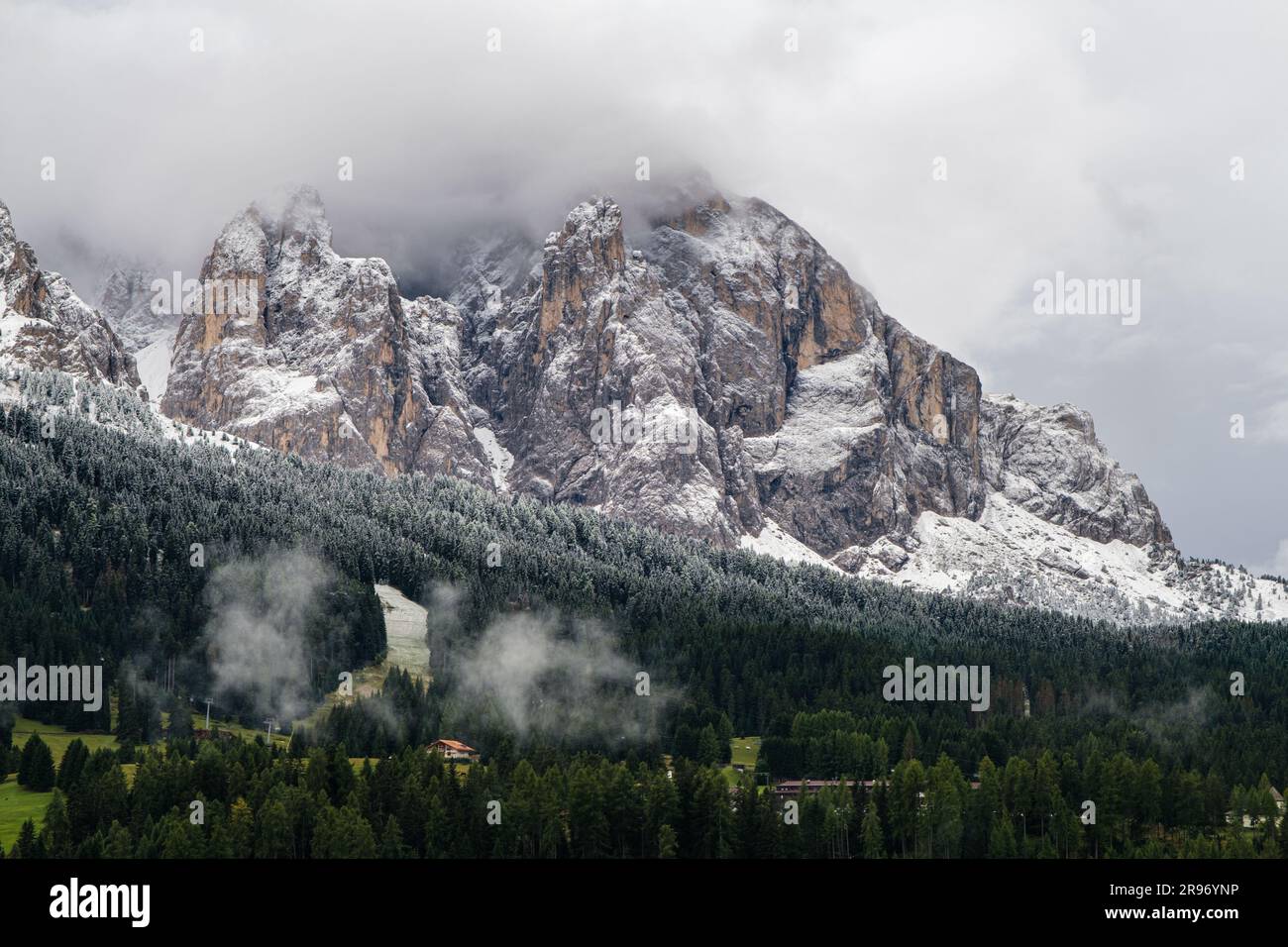 A stunning winter landscape featuring Sasso Lungo mountain in the Dolomites, South Tyrol, Italy Stock Photo