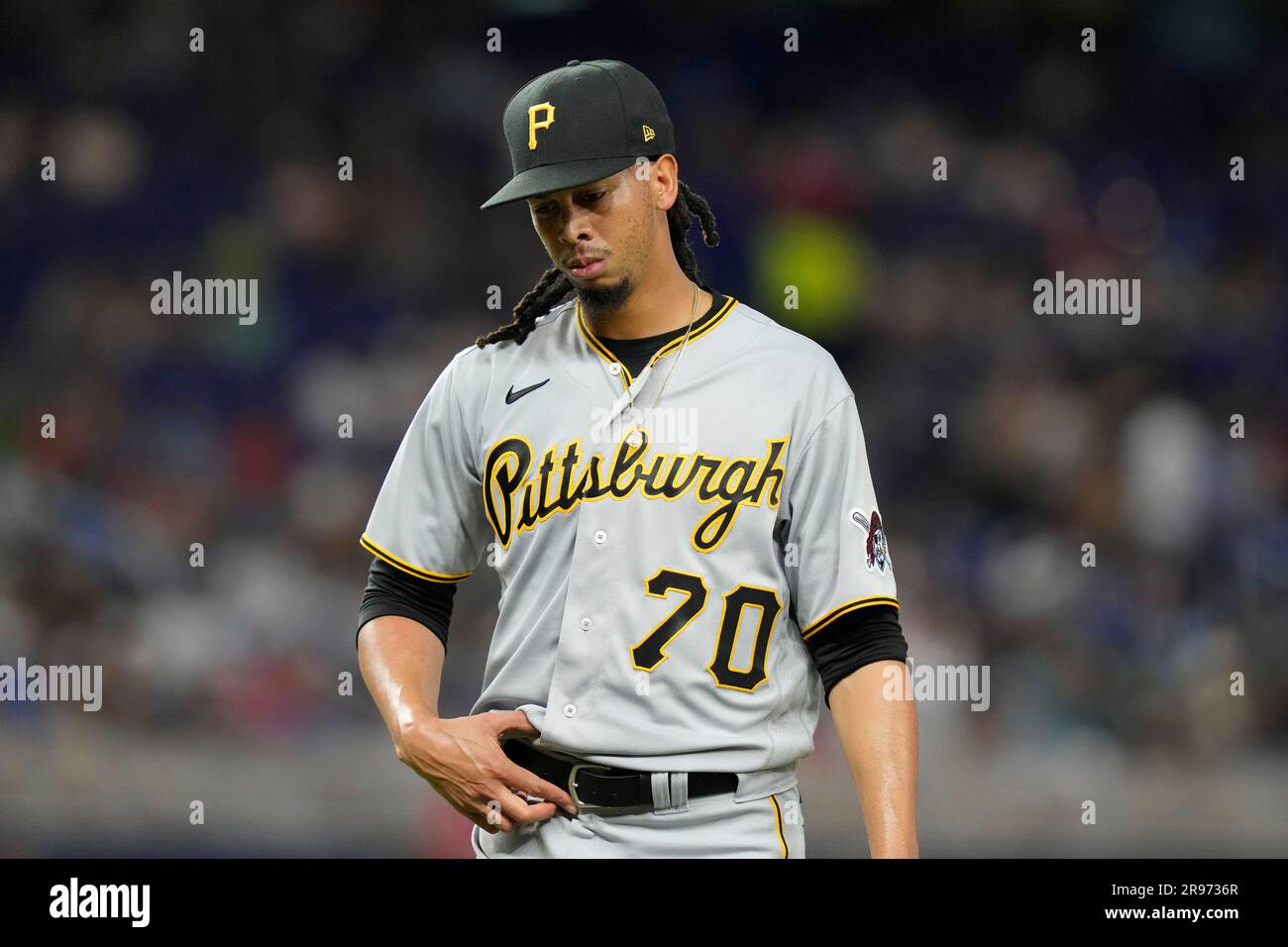Pittsburgh Pirates starting pitcher Osvaldo Bido walks to the dugout after  pitching during the fifth inning of a baseball game against the Miami  Marlins, Saturday, June 24, 2023, in Miami. (AP Photo/Lynne