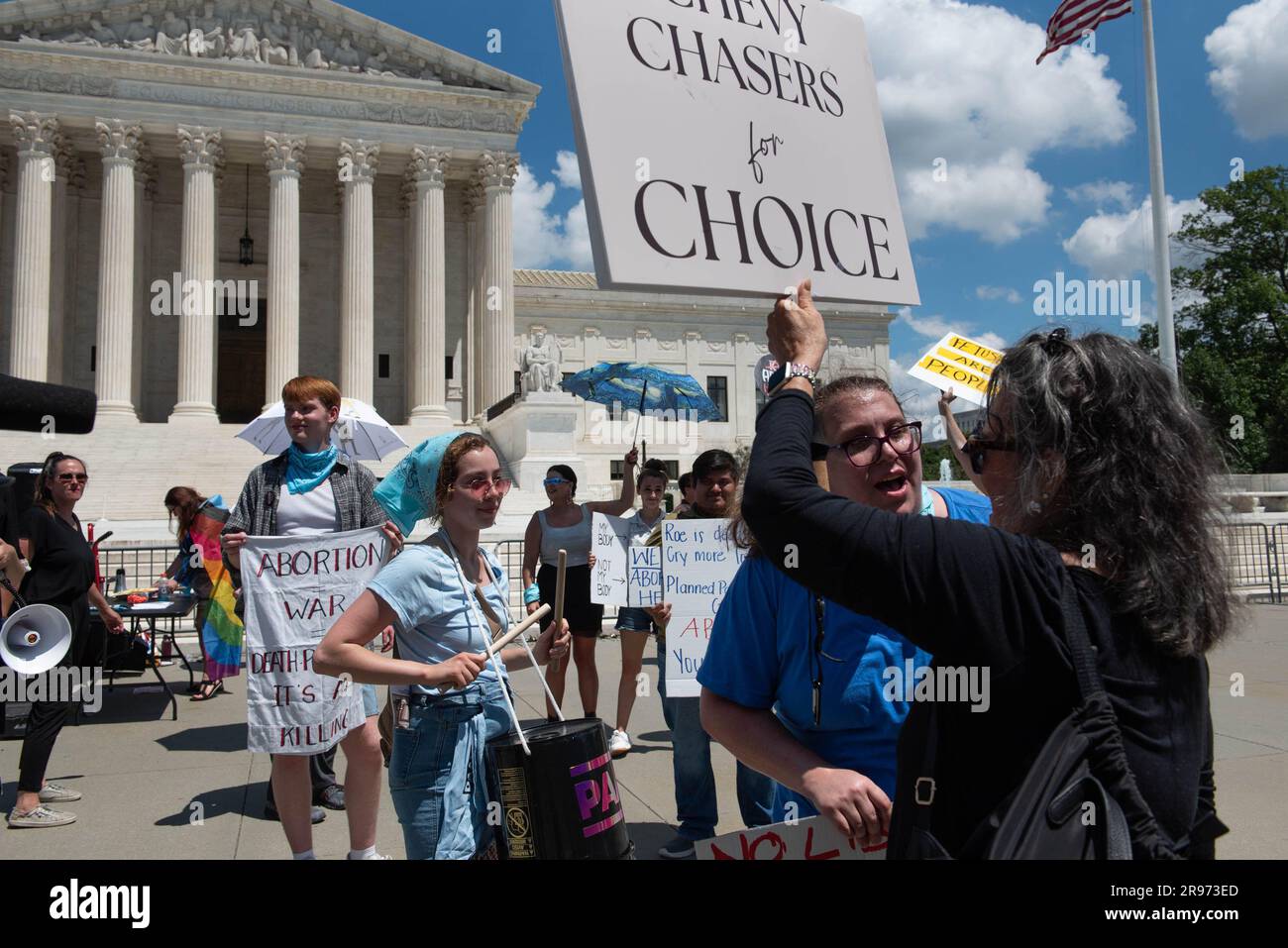 Washington, United States. 24th June, 2023. Protesters argue over abortion rights in front of the Supreme Court on the first anniversary of the U.S. Supreme Court ruling in the Dobbs v Women's Health Organization case which overturned Roe v Wade in Washington, DC on Saturday, June 24, 2023. Photo by Annabelle Gordon/UPI Credit: UPI/Alamy Live News Stock Photo