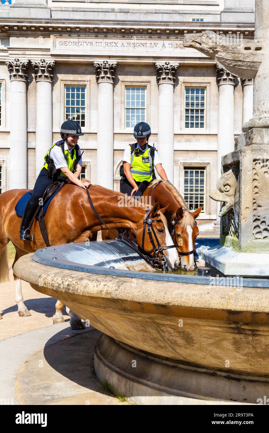 Police horses drinking from a fountain on a hot summer day at the Old Royal Navy College, Greenwich, London, England Stock Photo
