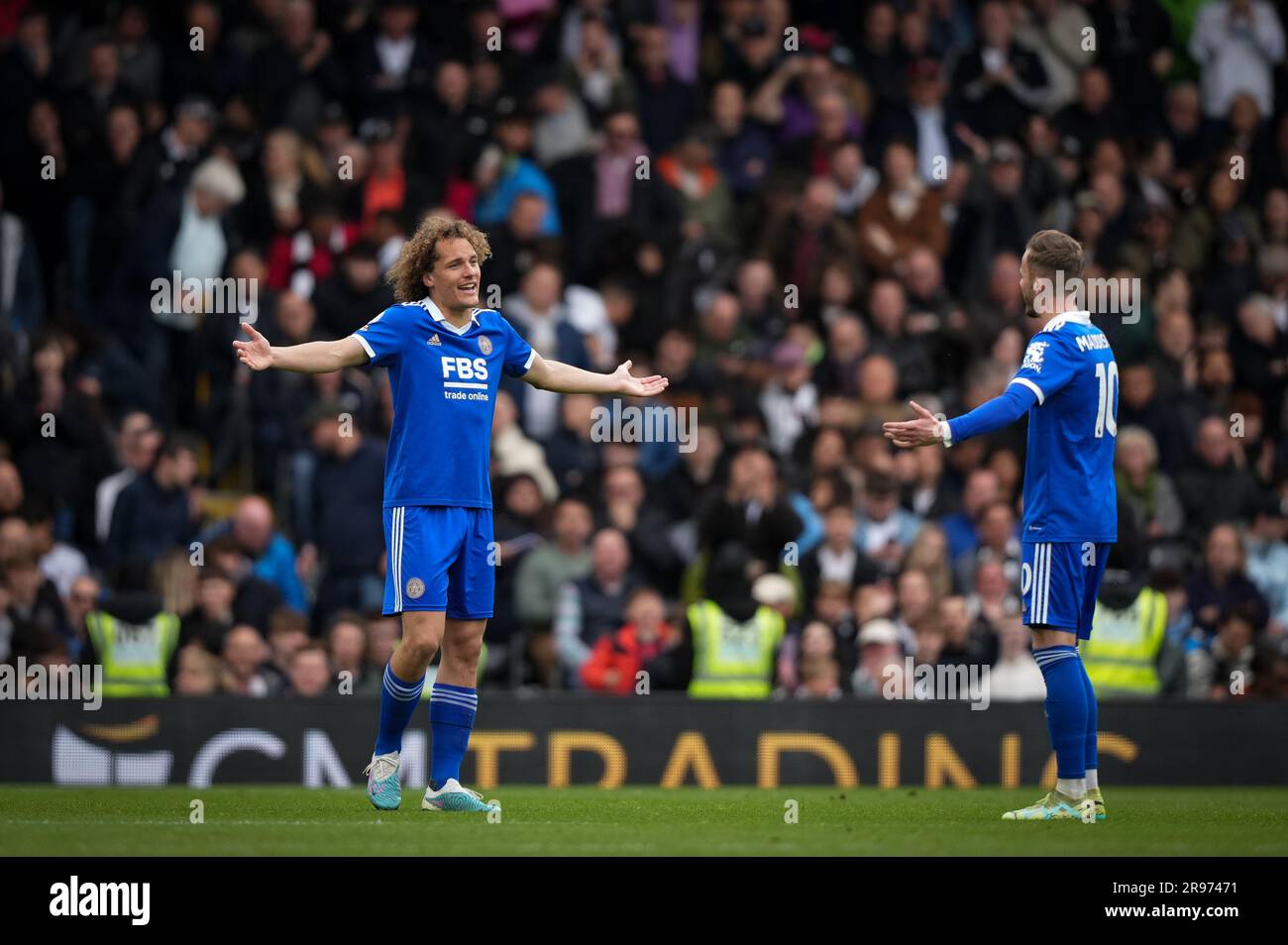 Wout Faes of Leicester City and James Maddison of Leicester City during the Premier League match between Fulham and Leicester City at Craven Cottage, Stock Photo