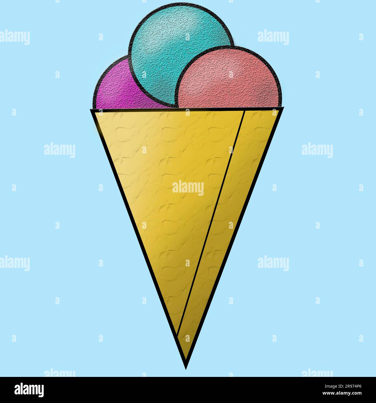 illustration in flat style. Three balls Ice cream in a waffle cone. For
