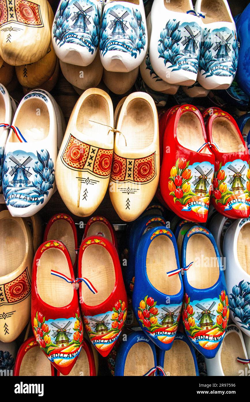 decorated and painted  wooden shoes for sale in Amsterdam Stock Photo