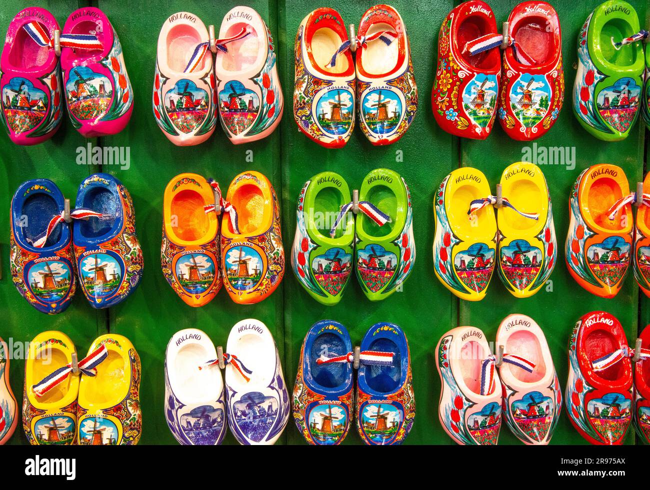 decorated and painted  wooden shoes for sale in Amsterdam Stock Photo