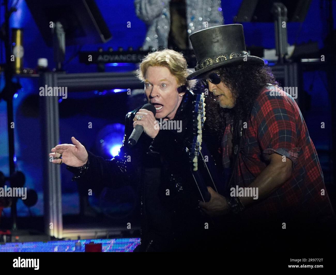 Axl Rose and Slash from Guns N' Roses performing on the Pyramid Stage
