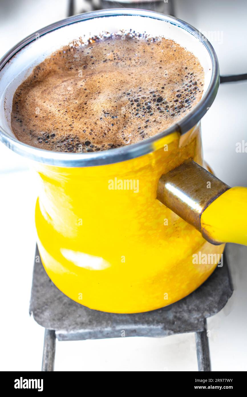 kitchen interior coffee making in yellow turkey turk on gas stove