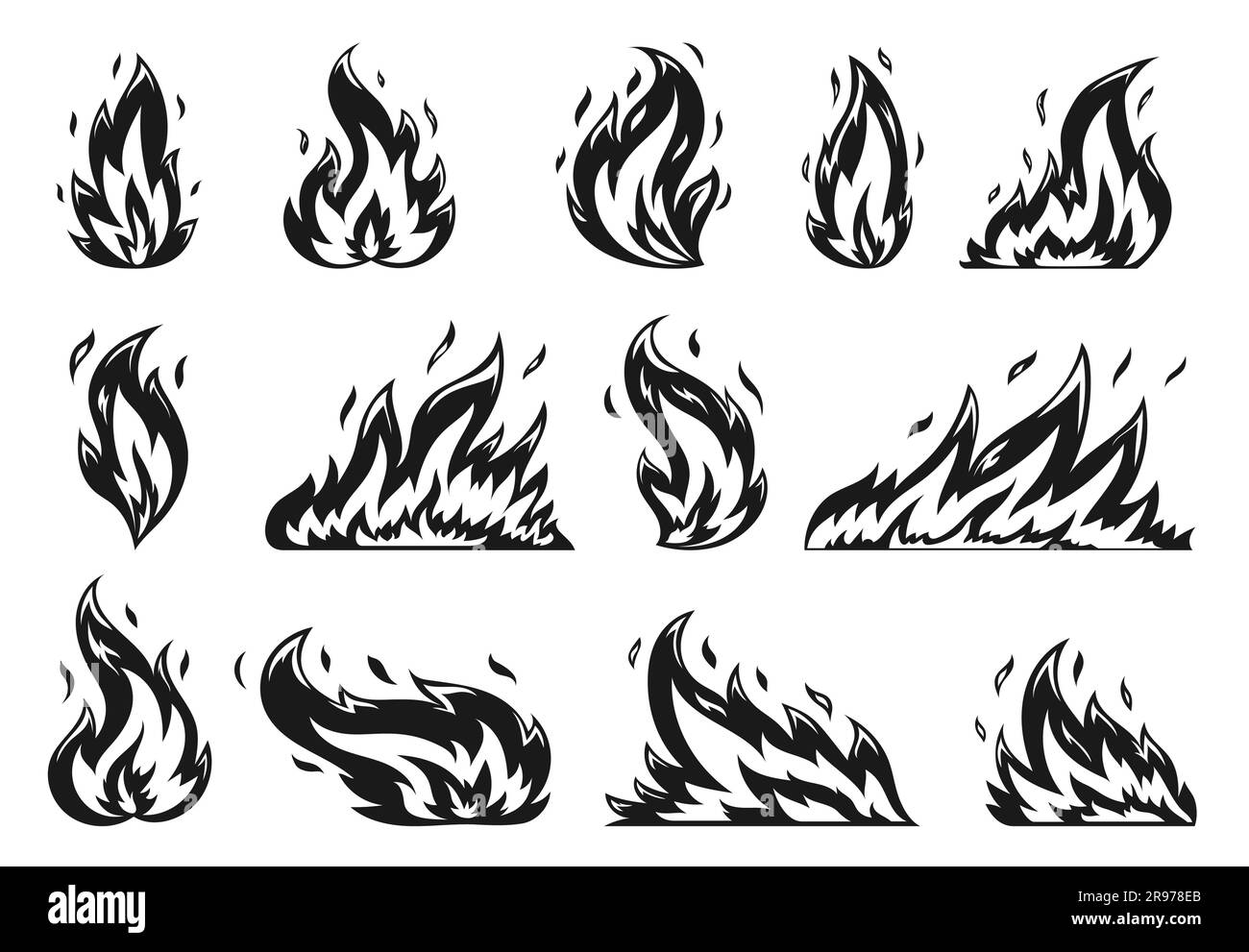 Cartoon campfire flat icon set. Hot flame with sparks on white