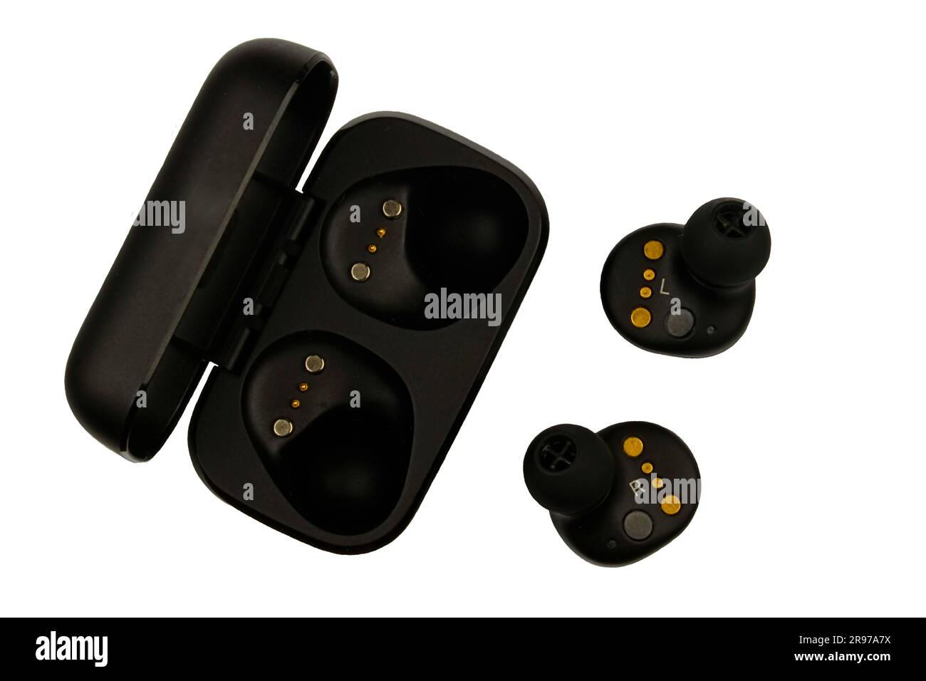 Wireless stereo earbuds. Black wireless earphones and charging case. Earbuds or headphones and charging case with bult-in rechargeable battery for the Stock Photo