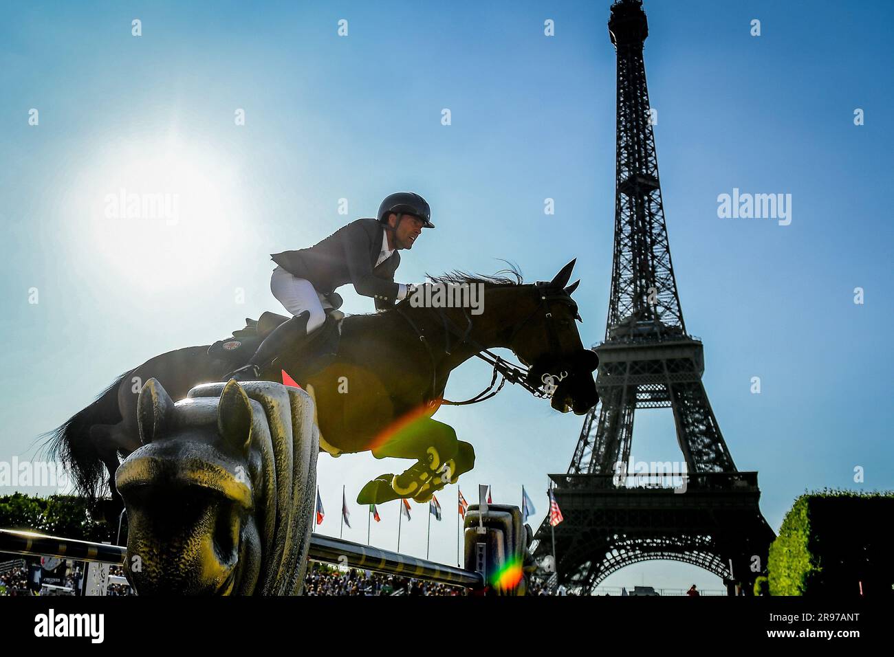 Simon DELESTRE of France riding Cayman Jolly Jumper during the Longines Paris Eiffel Jumping 2023, Longines Global Champions Tour, Equestrian event on June 24, 2023 at Champ de Mars in Paris, France Credit: Independent Photo Agency Srl/Alamy Live News Stock Photo