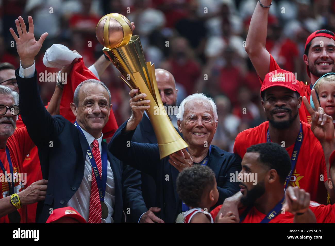 Milan, Italy. 23rd June, 2023. Giorgio Armani (R) and Ettore Messina Head  Coach of EA7 Emporio Armani Milan (L) celebrate the victory of LBA Finals  2023 during LBA Lega Basket A Finals