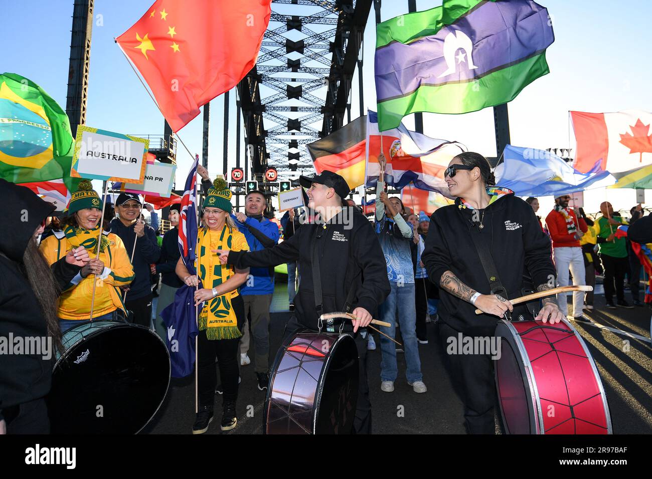 Sydney, Australia. 25th June, 2023. Drummers play during a celebration ahead of the FIFA Women's