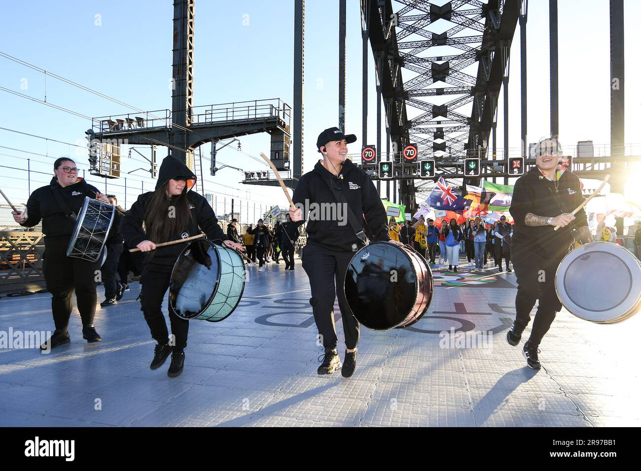 Sydney, Australia. 25th June, 2023. Drummers play during a celebration ahead of the FIFA Women's