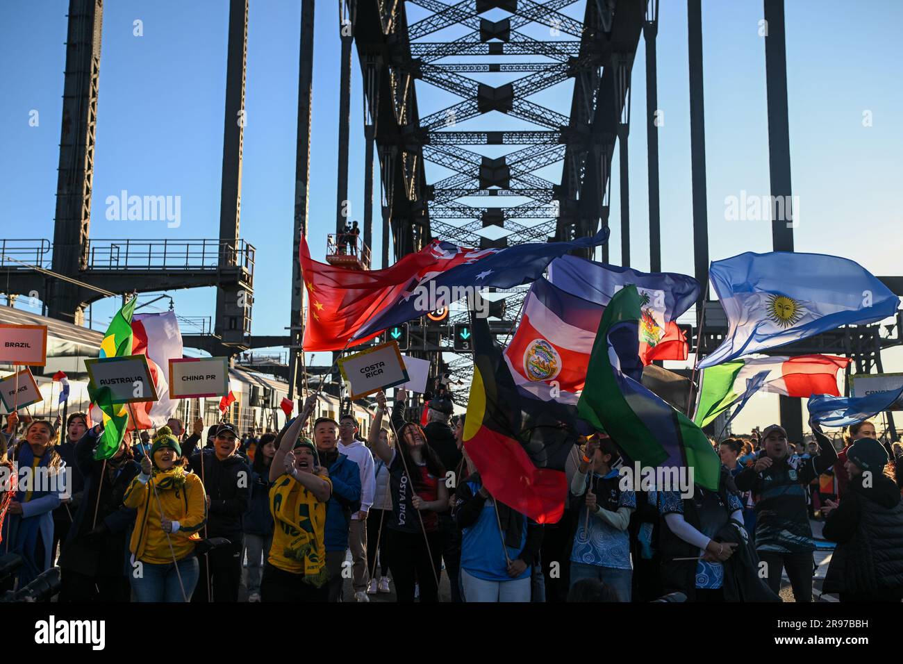 Football fans take part in the FIFA Women's World Cup 2023 Sydney Harbour Bridge Unity