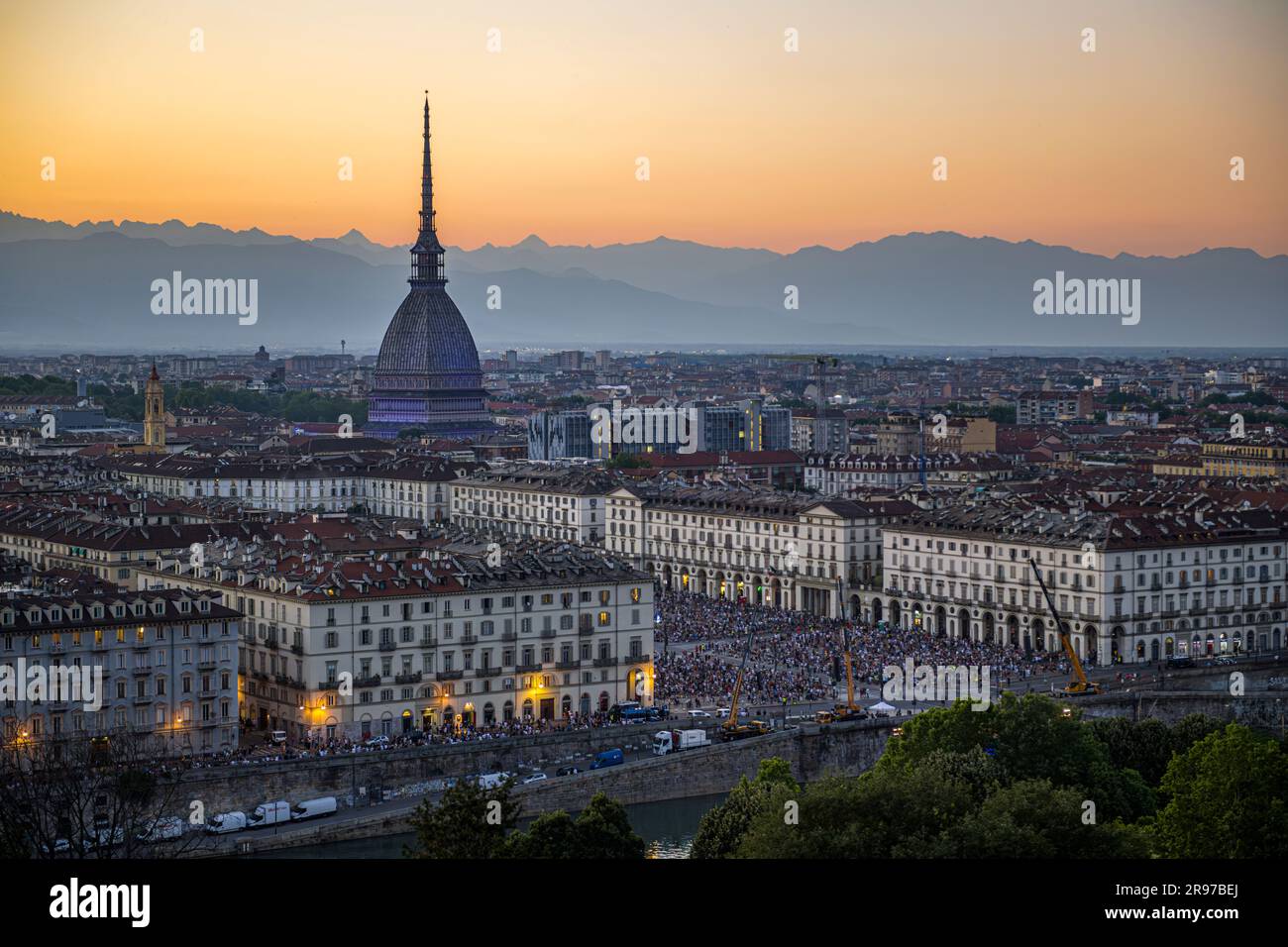 Turin, Italy. 25 June 2023. A general view shows the Mole Antonelliana and piazza Vittorio prior to a pyrotechnics show part of celebration for St. John's Day. The Nativity of John the Baptist (San Giovanni Battista) is observed annually on 24 and it is public holiday in Turin as St. John is the patron saint of the city. Credit: Nicolò Campo/Alamy Live News Stock Photo