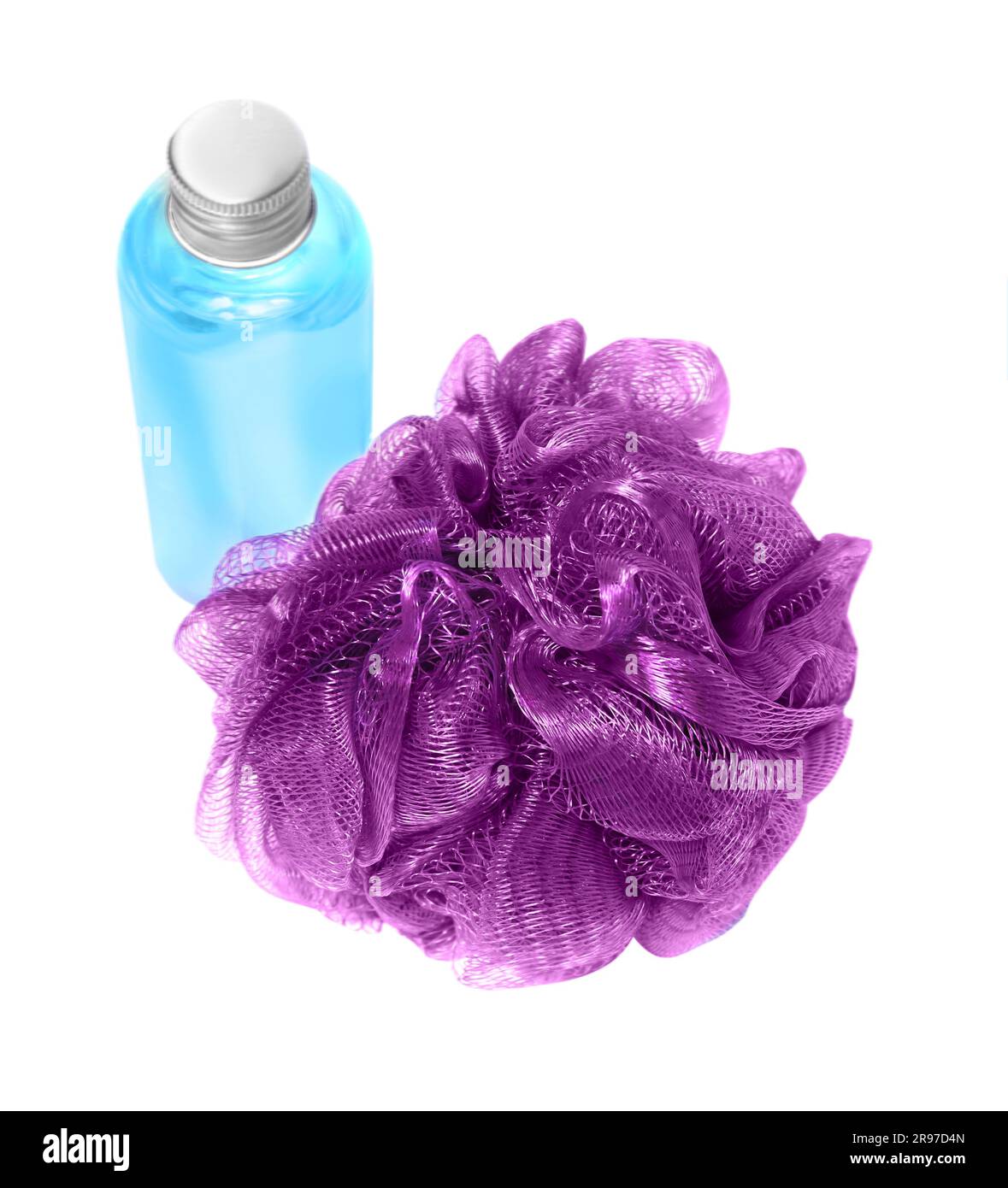 New purple shower puff and bottle of cosmetic product on white