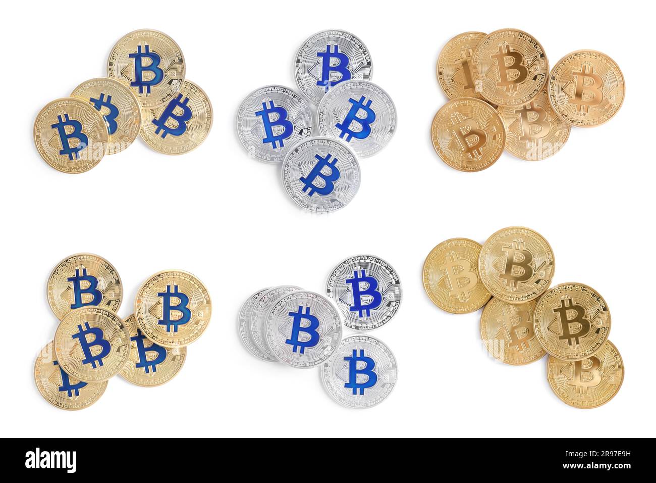 Collage with different bitcoins on white background, top view Stock Photo