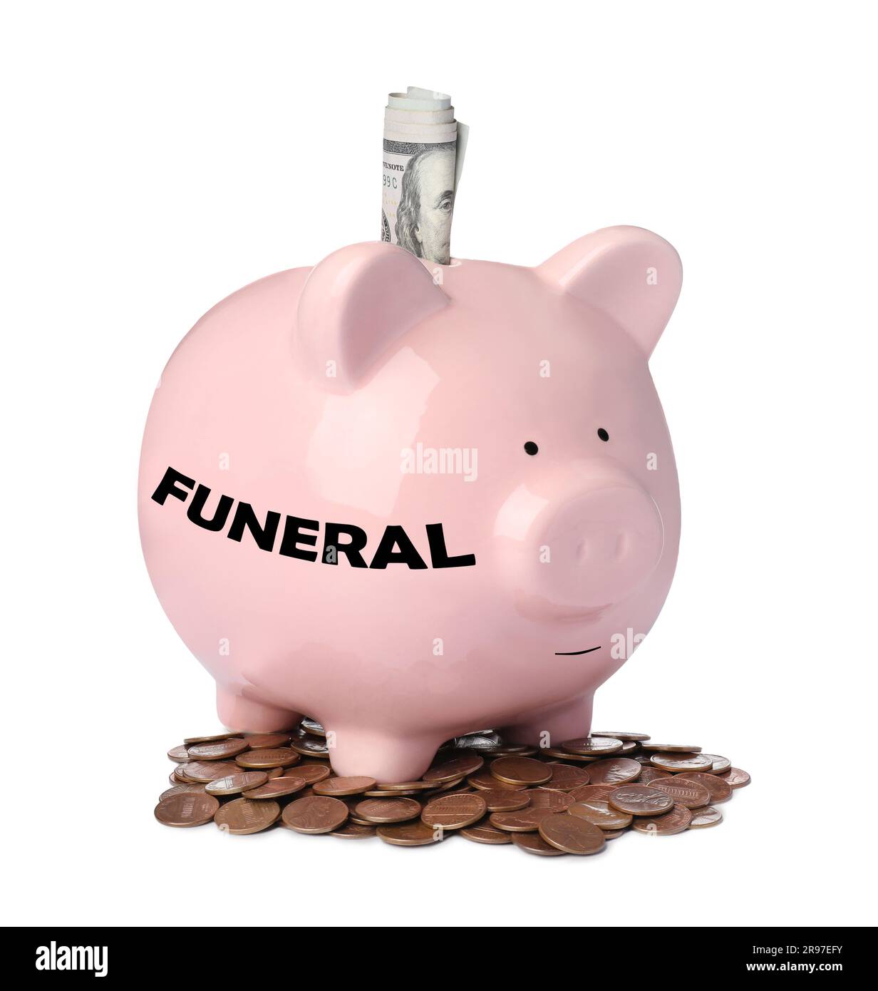 Money for funeral expenses. Coins and pink piggy bank with dollar banknotes on white background Stock Photo