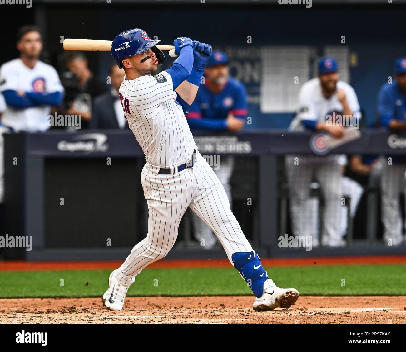 Nico Hoerner #2 of the Chicago Cubs hits a high fly ball to center field during the 2023 MLB London Series match St. Louis Cardinals vs Chicago Cubs at London Stadium, London, United Kingdom, 24th June 2023 (Photo by Craig Thomas/News Images) in, on 6/24/2023. (Photo by Craig Thomas/News Images/Sipa USA) Credit: Sipa USA/Alamy Live News Stock Photo