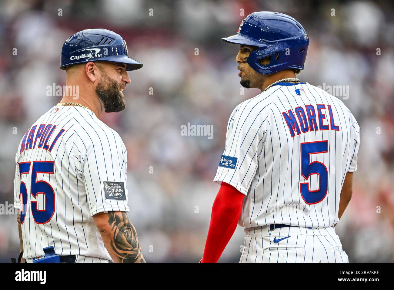 Chicago Cubs first base coach Mike Napoli (55) during the MLB game between  the Chicago Cubs and the Houston Astros on Monday, May 15, 2023, at Minute  Stock Photo - Alamy