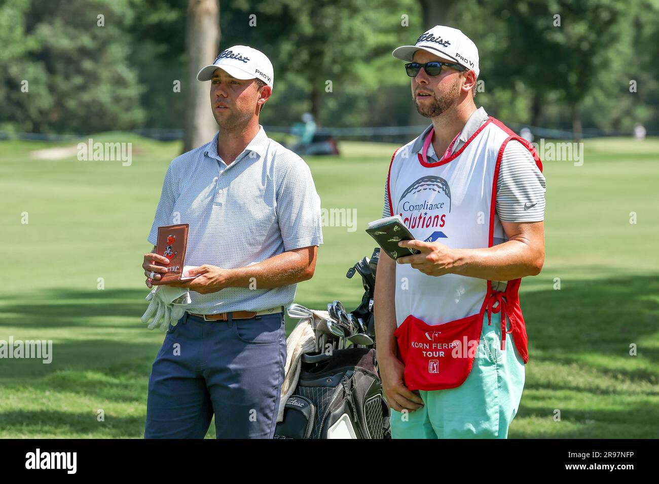 June 24, 2023: Brendon Jelley checks his yardage on the 8th hole during the  third round of the Korn Ferry Tour Compliance Solutions Championship golf  tournament at Jimmie Austin Golf Club in