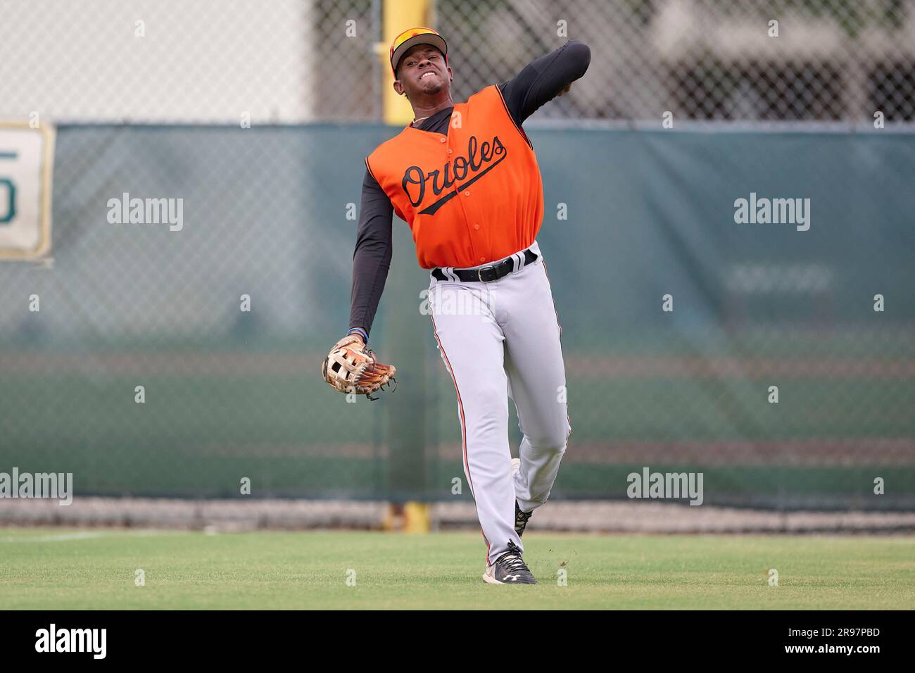 FCL Orioles outfielder Teudis Cortorreal (41) throws the ball in during