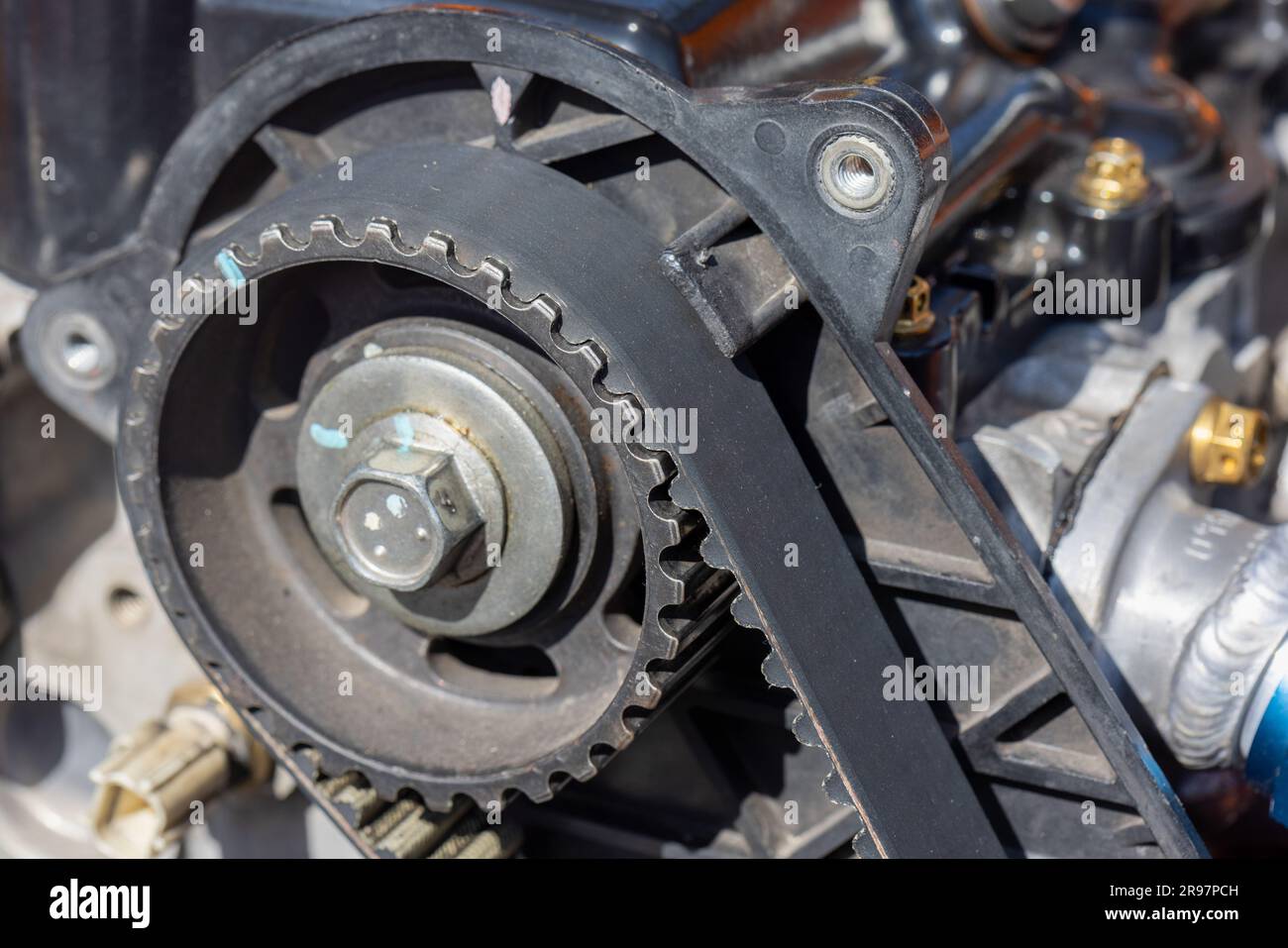 Timing belt and twin camshaft sprocket in engine car. Stock Photo