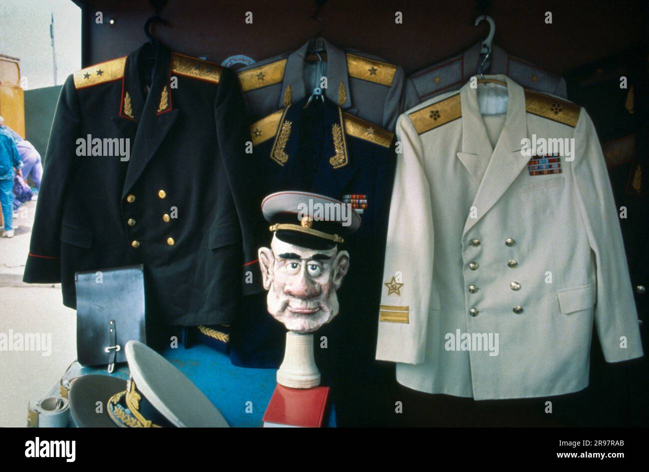Old Soviet military dress uniforms for sale at the Izmailovo Market, Moscow, Russia. 1993 Stock Photo