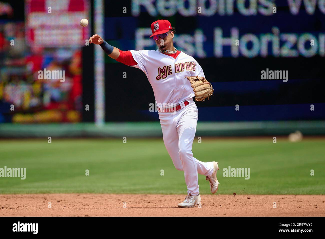 Memphis Redbirds Masyn Winn (5) leads off first base during an MiLB  International League baseball game against the Norfolk Tides on May 24,  2023 at AutoZone Park in Memphis, Tennessee. (Mike Janes/Four