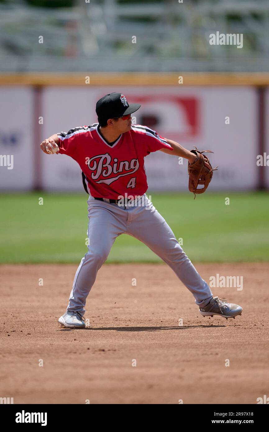 Binghamton Rumble Ponies shortstop Wyatt Young (4) throws to first base