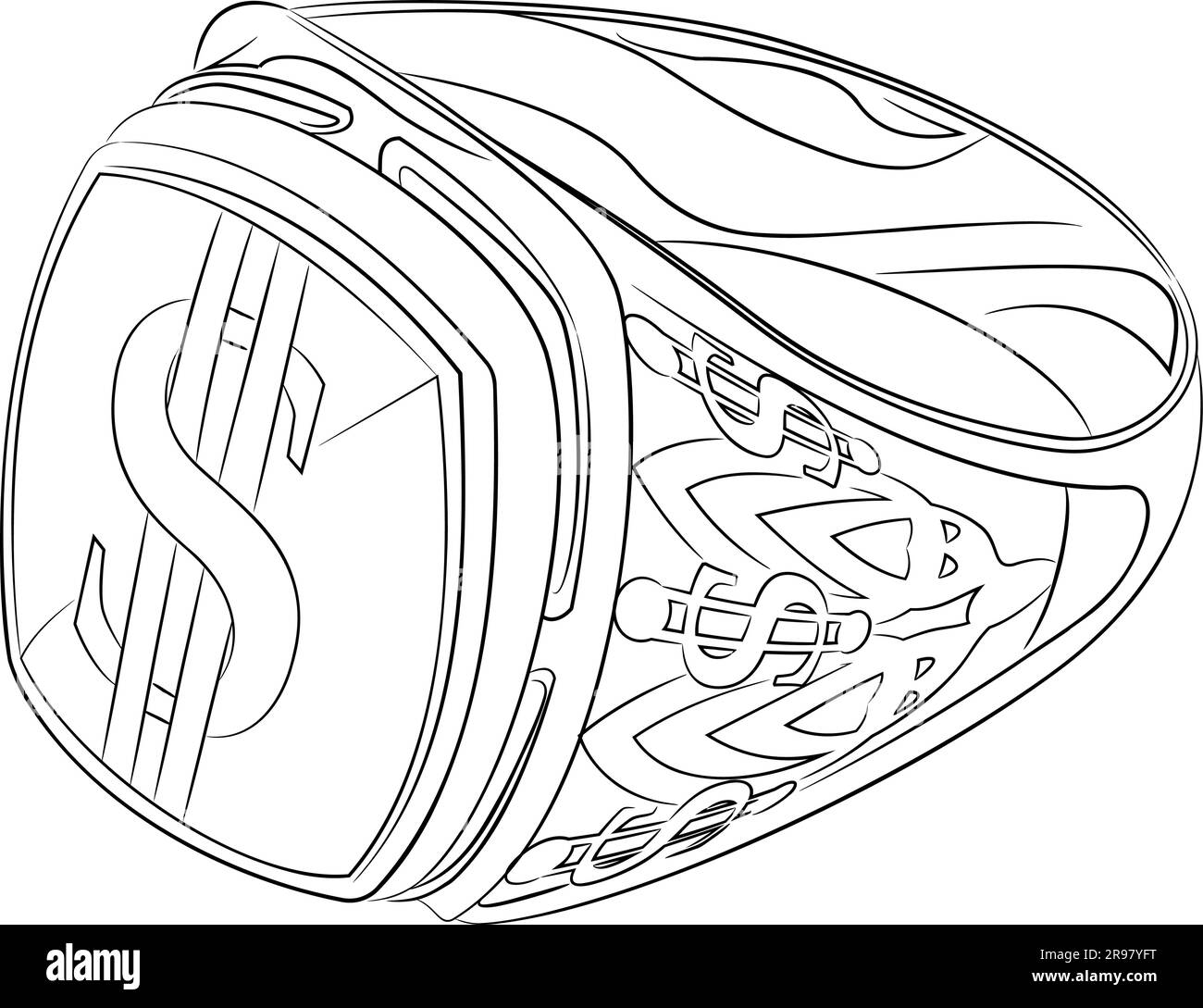 Line art illustration of signet with dollar sign. Vector illustration of red and white gold signet ring with onyx with $ sign. Male gold ring Stock Vector