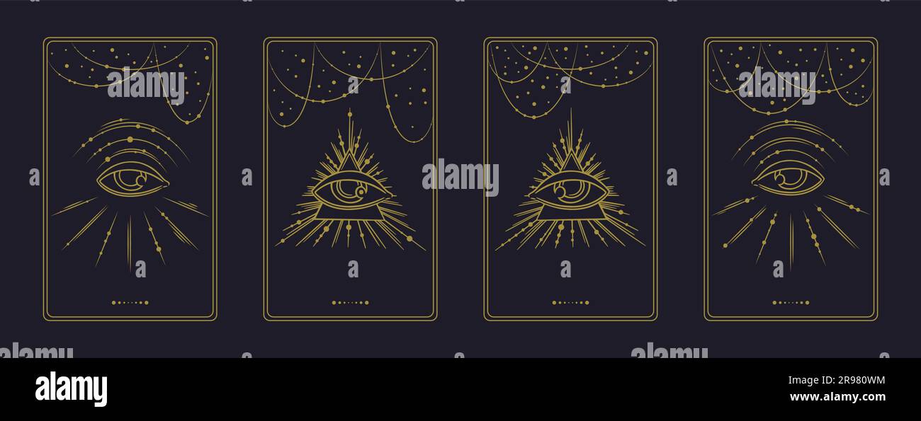 Tarot aesthetic golden cards with illuminaty third eye. Occult tarot design for oracle card covers. Vector illustration isolated in blue background Stock Vector