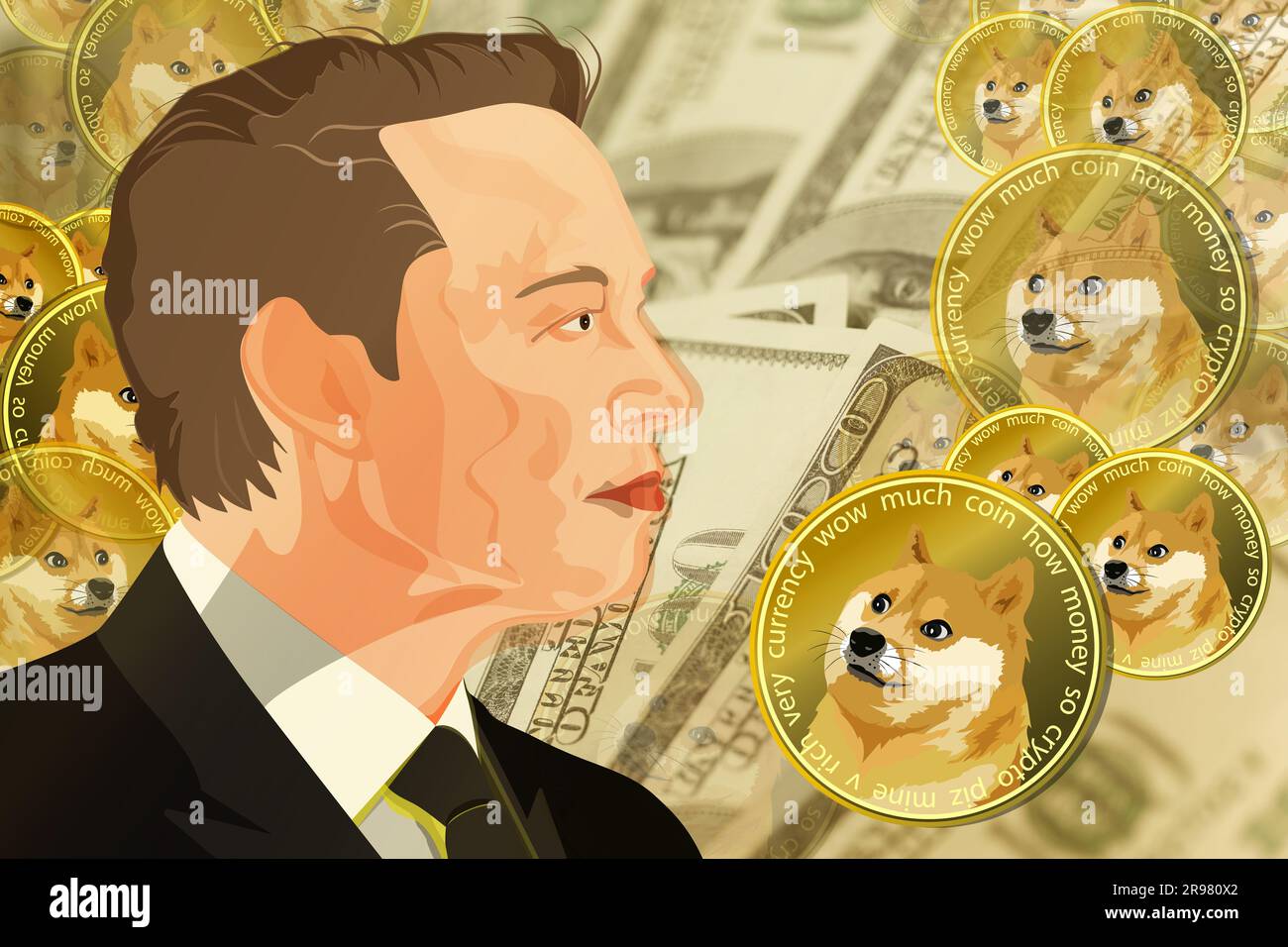 Elon Musk and Dogecoin. Elon Musk in front of a hundred dollar bill and  Dogecoin in the background Stock Photo - Alamy