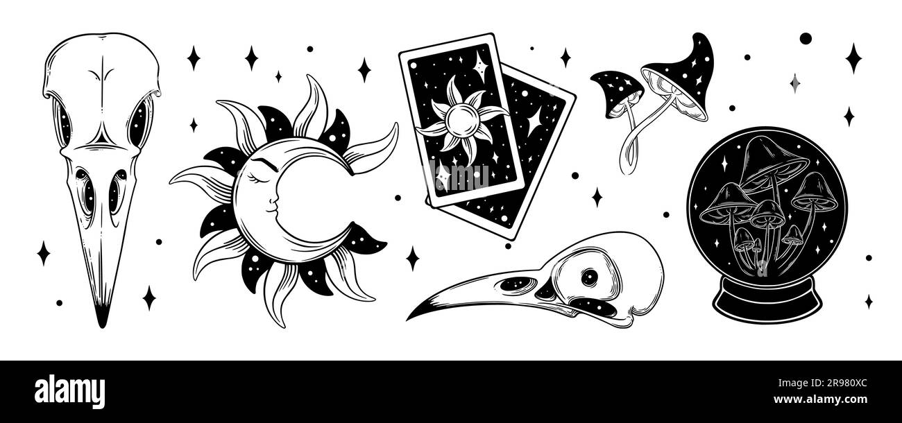 Tarot aesthetic set. Spiritual tarot cards, mushroom, crystal ball for wicca. Vector illustration isolated in white background Stock Vector