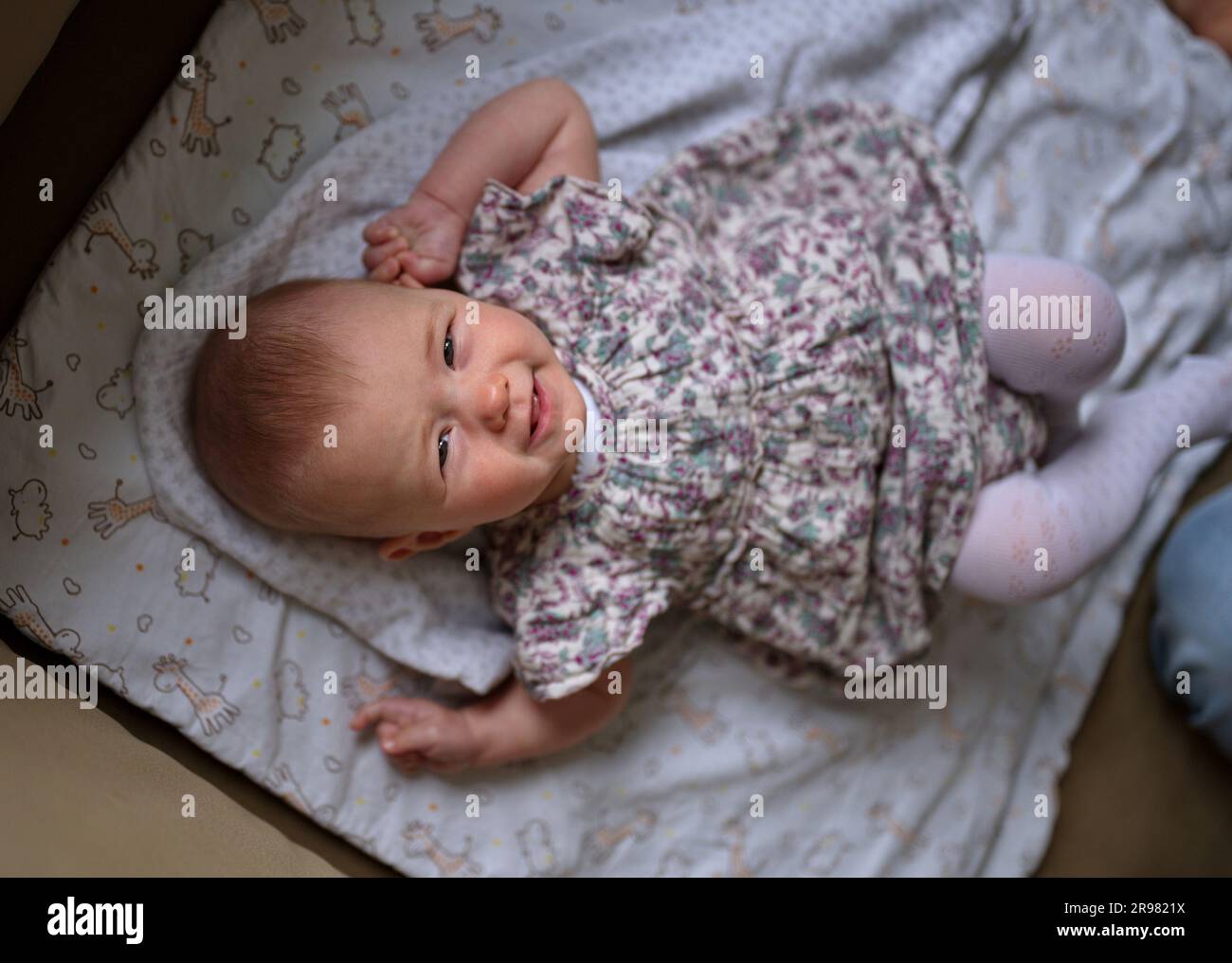 High angle view of little baby girl lying on the sofa Stock Photo