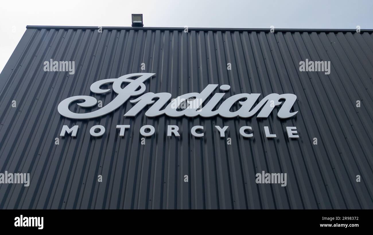 lyon, France 06 16 2023 Indian motorcycle dealership facade logo