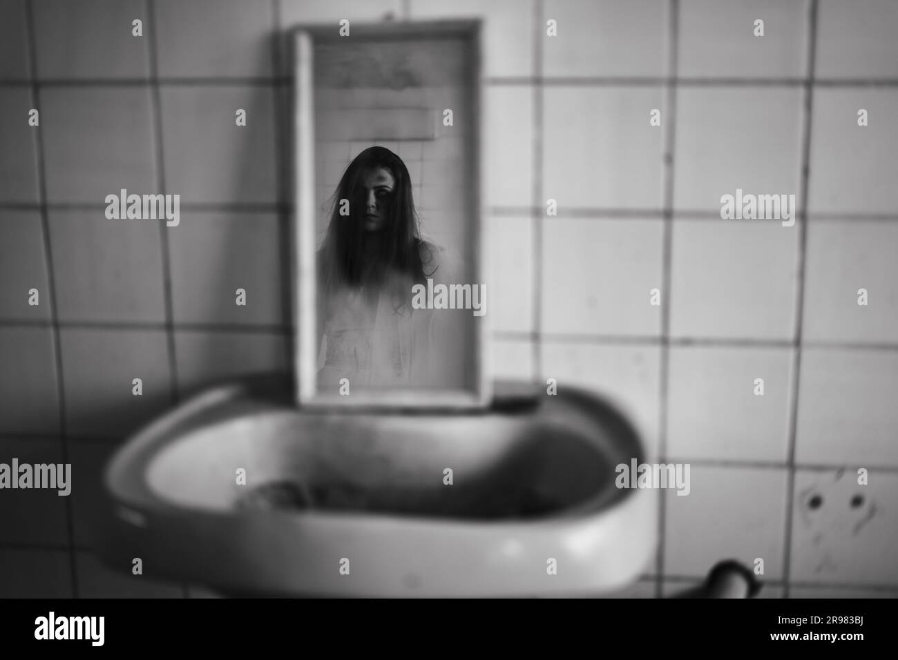 Horror movie scene with a creepy face in the mirror, dead bride in