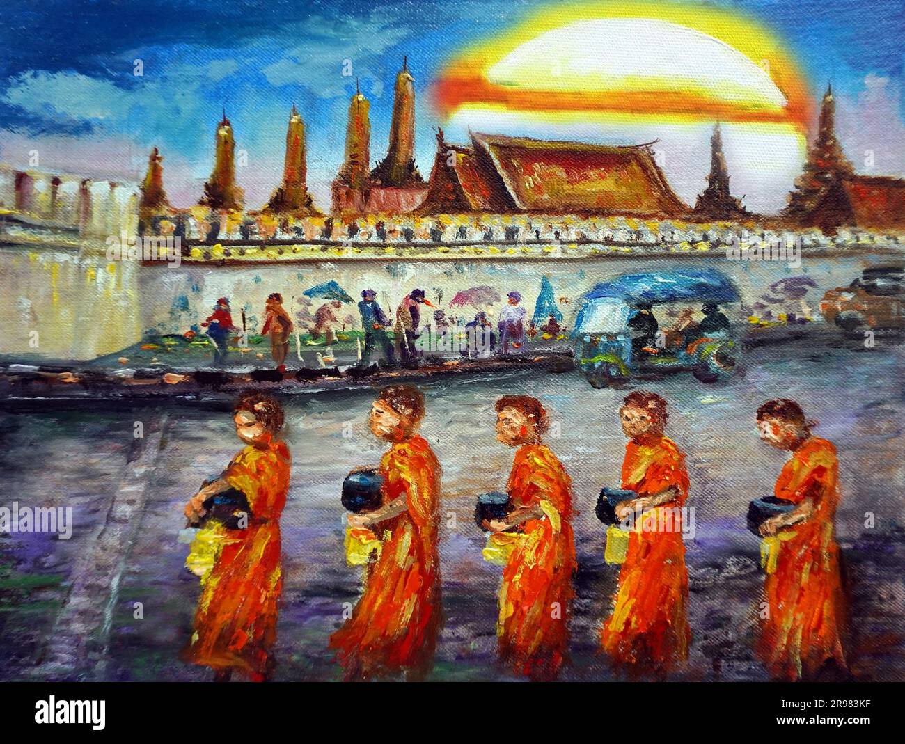 art oil painting Grand Palace bangkok Thailand , Wat phra keaw Stock