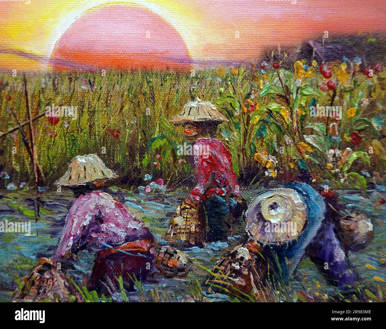 art oil painting   , Countryside , local way of life , hand fishing Stock Photo