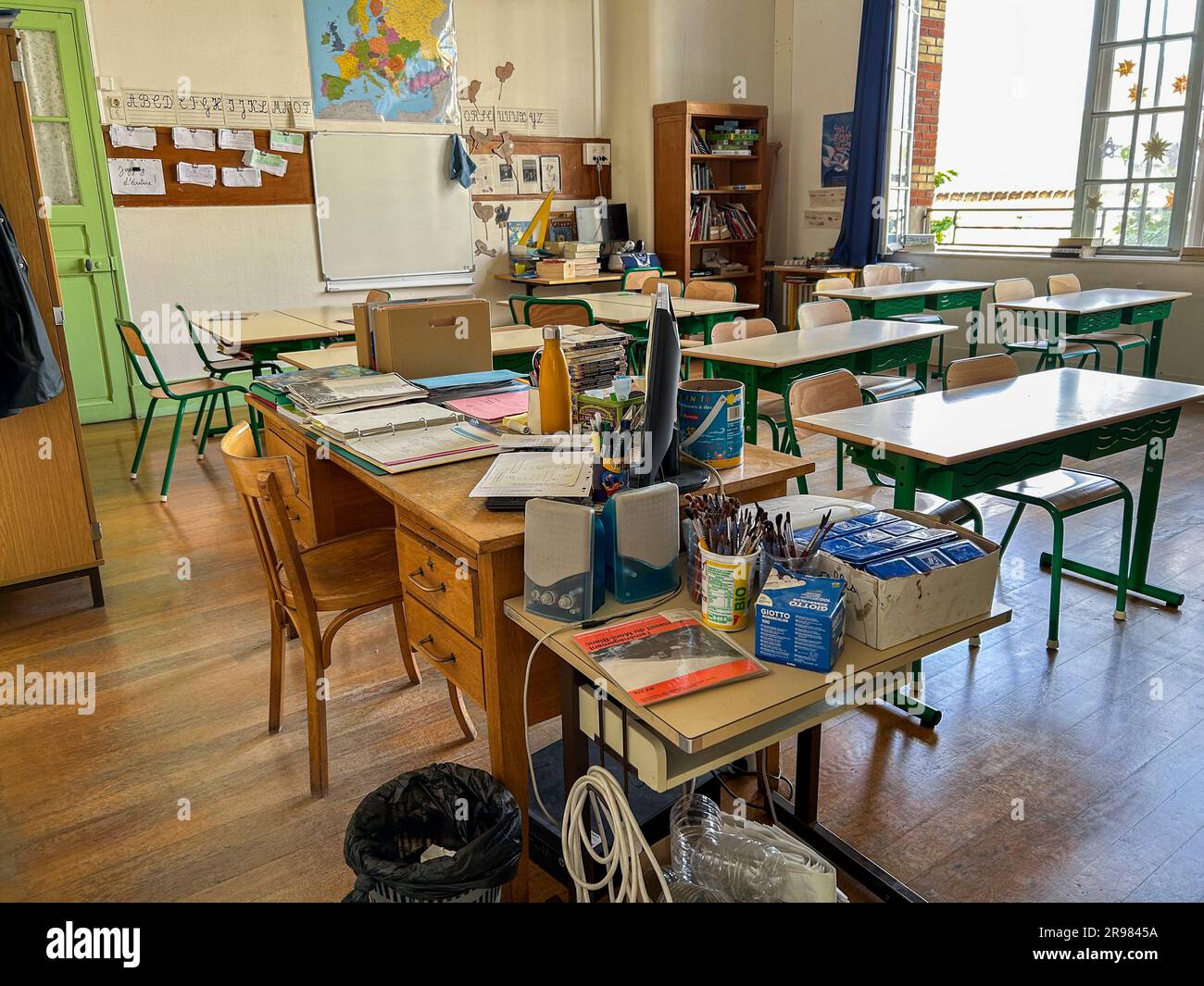 Paris, France, View Desks, in Inside Empty French Grammar Elementary School Classroom Stock Photo