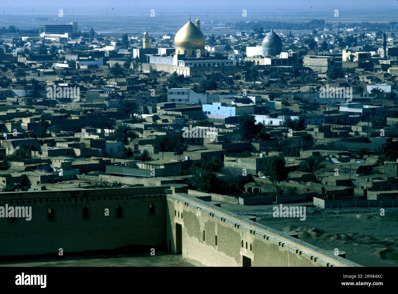 View of Samarra from the Great Mosque, urban with the al-Askari Shrine, centre background, IRAQ Stock Photo