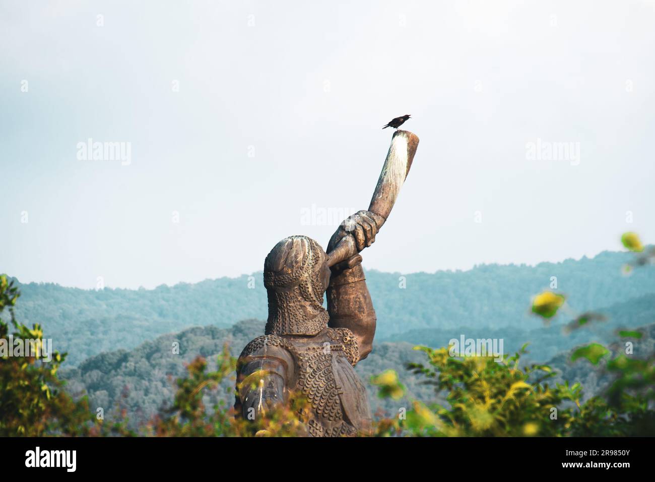 Giant fighter statue monument in Didgori - historical site memorial. Georgia historical sightseeing landmarks Stock Photo