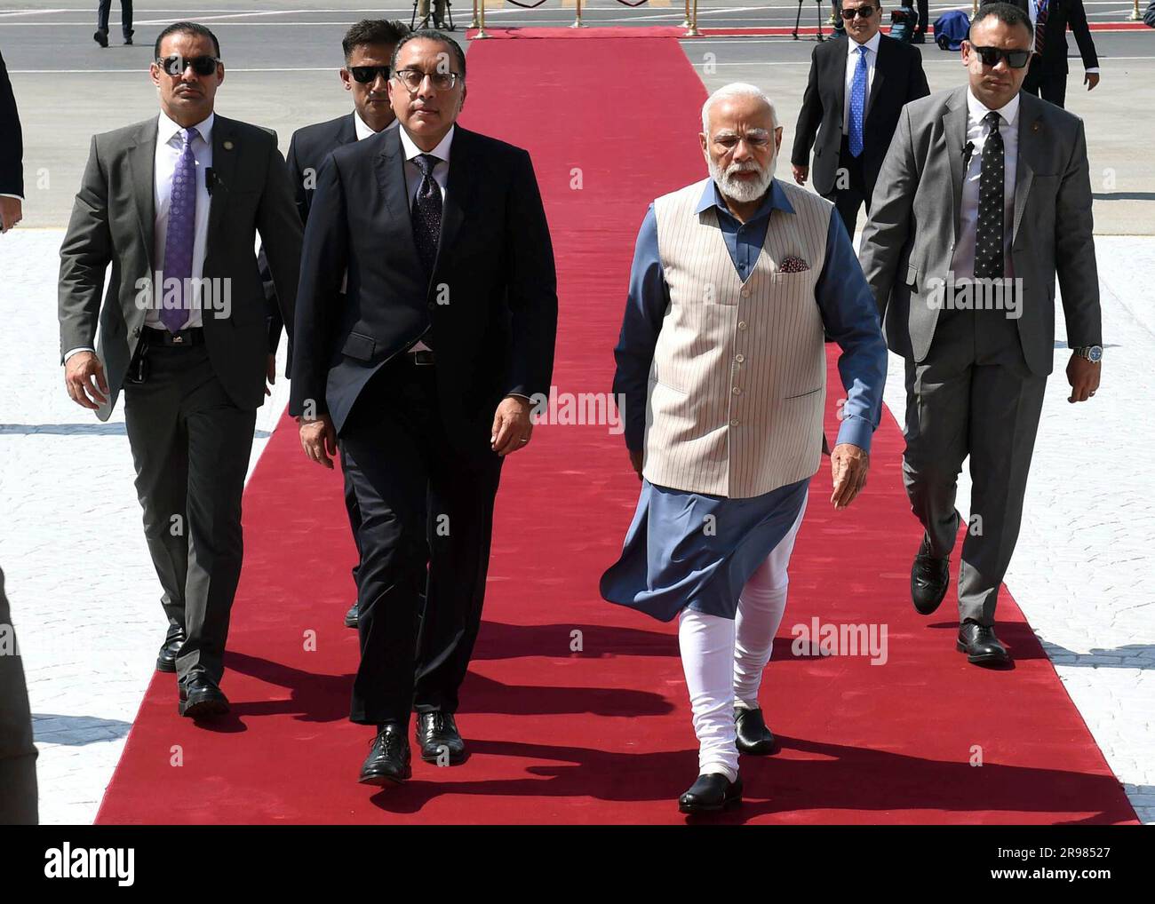 Egypt's Prime Minister Mostafa Madbouly left, and his Indian 