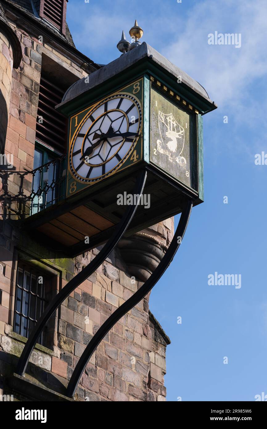 Clock on the tower of Canongate Tolbooth and Tolbooth Tavern at Royal Mile in city of Edinburgh, Scotland, UK. Added to the tower in 1884, emblazoned Stock Photo