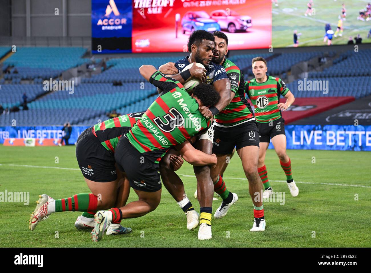 Sydney, Australia. 25th June, 2023. Semi Valemei of the Cowboys is tackled  short of the line during the NRL Round 17 match between the South Sydney  Rabbitohs and the North Queensland Cowboys