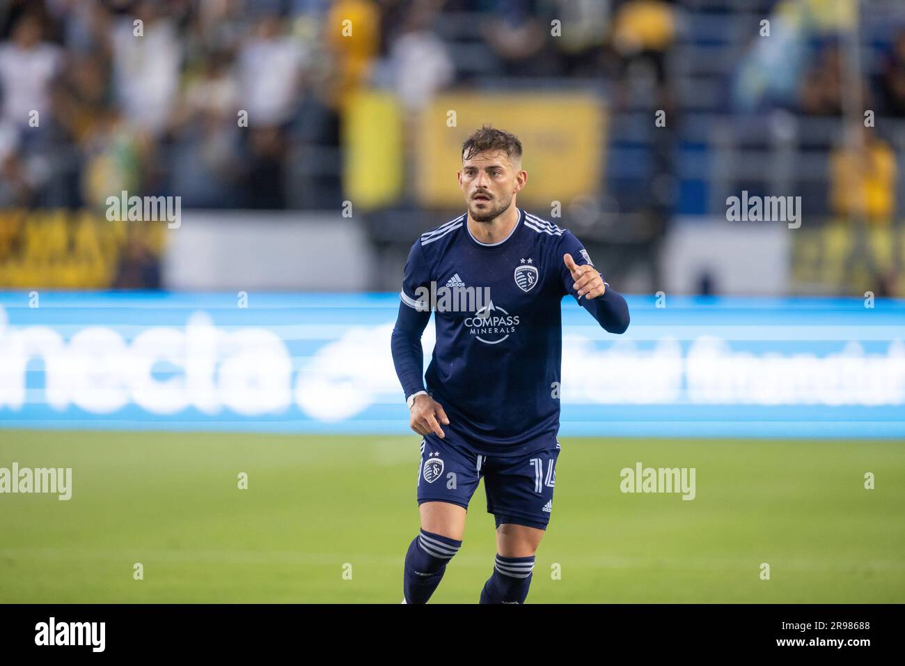 Kansas City, USA. 16th Nov, 2022. Sporting Kansas City defender Tim Leibold  (14) lines up a shot on goal. Sporting KC hosted the LA Galaxy in a Major  League Soccer game on