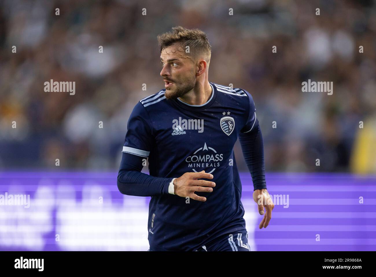 Kansas City, USA. 16th Nov, 2022. Sporting Kansas City defender Tim Leibold  (14) lines up a shot on goal. Sporting KC hosted the LA Galaxy in a Major  League Soccer game on