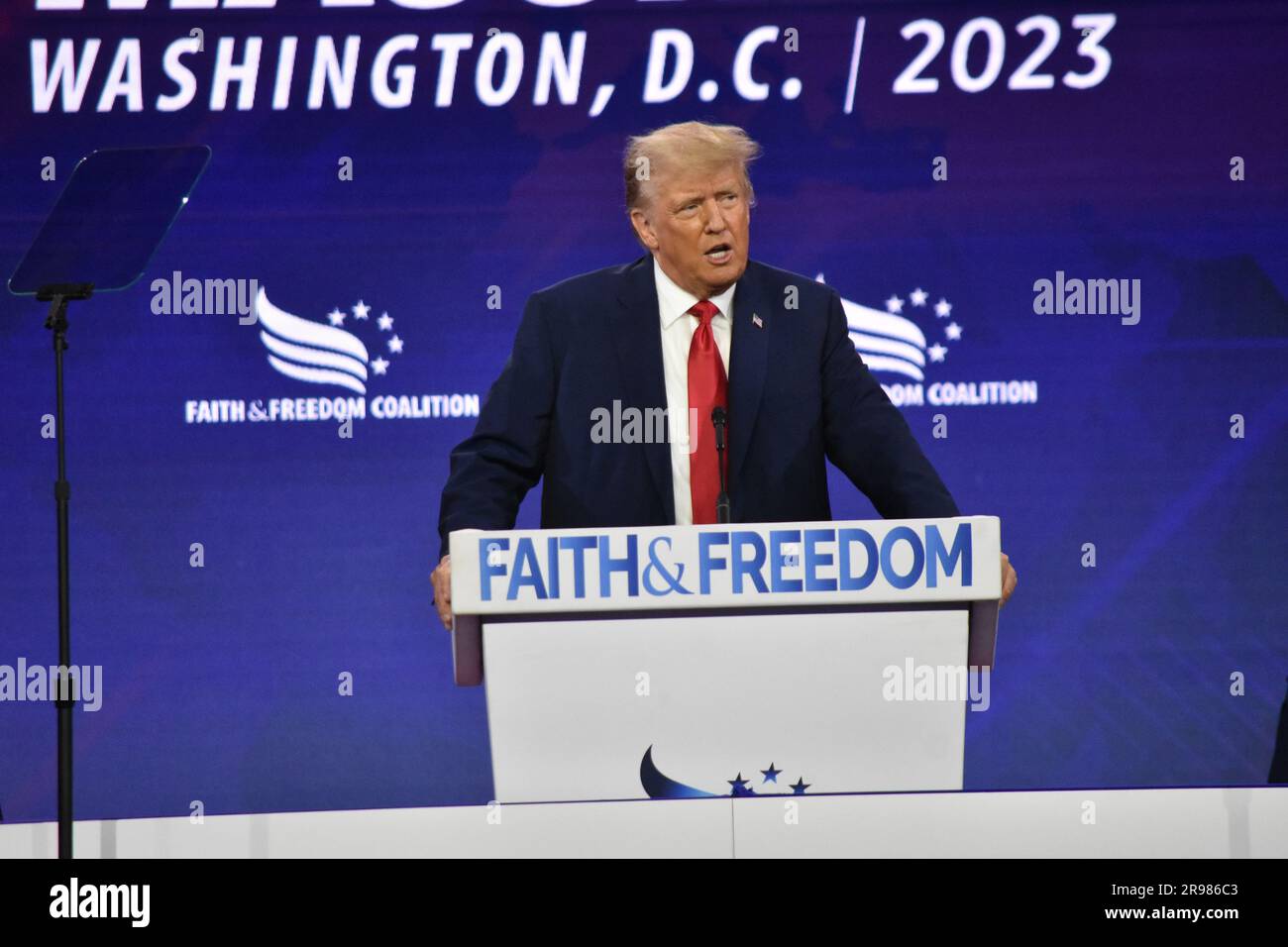 Washington DC, USA. 24th June, 2023. Former President of the United States Donald J. Trump reacts to Chris Christie being booed at the conference when he spoke against the former president on Friday morning, June 23, 2023. Former U.S. President Donald J. Trump claimed his innocence and said the classified documents investigation was a hoax. Credit: SOPA Images Limited/Alamy Live News Stock Photo