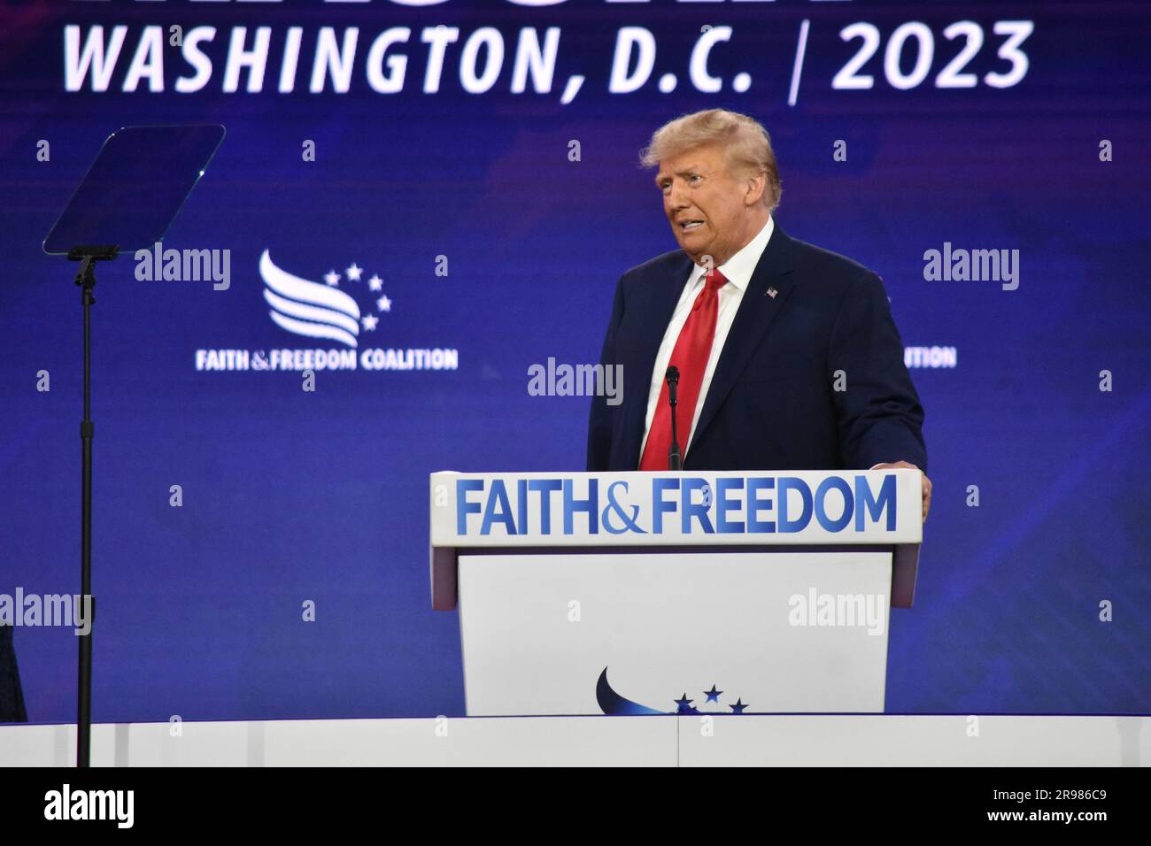 Washington DC, USA. 24th June, 2023. Former President of the United States Donald J. Trump reacts to Chris Christie being booed at the conference when he spoke against the former president on Friday morning, June 23, 2023. Former U.S. President Donald J. Trump claimed his innocence and said the classified documents investigation was a hoax. Credit: SOPA Images Limited/Alamy Live News Stock Photo